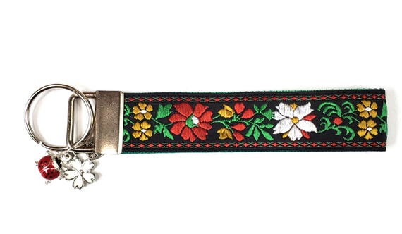 FLORAL (Red & White Flowers) Jacquard Ribbon/Nylon Web 1" wide (25mm) 5.5" long Key Fob w/Charms