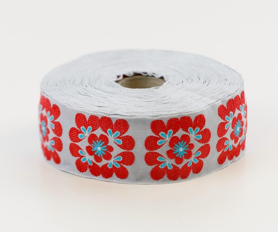 KAFKA G-13/06 Jacquard Ribbon Organic Cotton Trim 1-1/4" wide (32mm) Lt Gray w/Red & Turquoise Mod Flowers