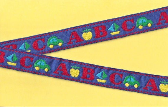 CHILDREN's F-03-F Jacquard Ribbon Cotton Trim, 1" Wide (25mm) Blue Background w/Large ABC Pattern in Red, Green & Yellow