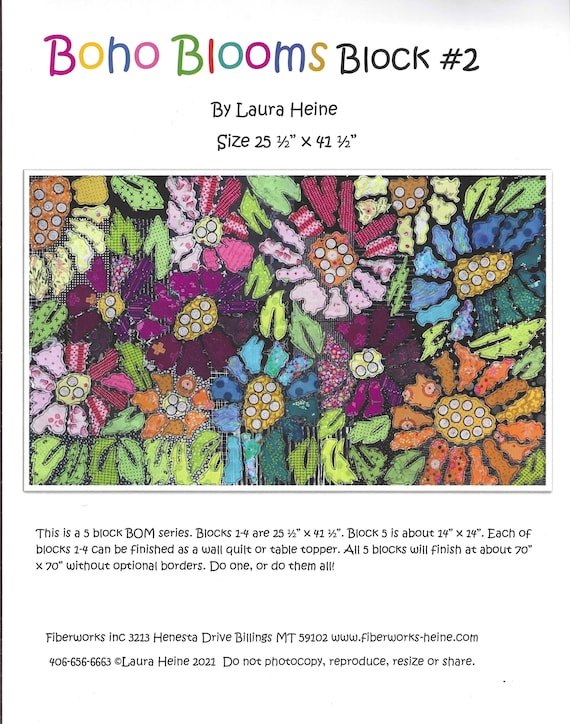 BOHO BLOOMS Block #2 Collage Pattern by Laura Heine of Fiberworks, Inc. Wall Hanging 25.5"w x 41.5"h (NEW) Pattern only for Block #2