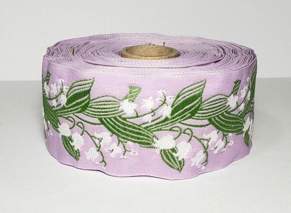 KAFKA H-02/14 Jacquard Ribbon Woven Organic Cotton Trim 1-1/2" wide (38mm) Orchid Lilac w/White Lilies of the Valley Green Leaves