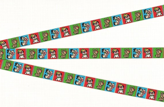 HOLIDAY B-DP-04d Jacquard Ribbon Poly Trim 1/2" Wide (13mm) Douglas Paquette "Christmas Puppies" Block Design of Happy Puppies, Per Yard
