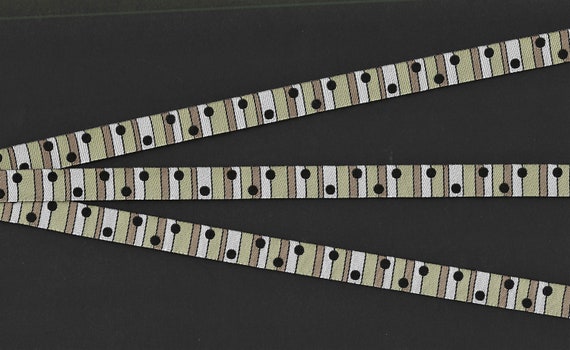 GEOMETRIC B-20 Jacquard Ribbon Poly Trim, 1/2" Wide (13mm) Shades of Beige, Tan, White & Brown Stripes w/Small Black Dots, Per Yard