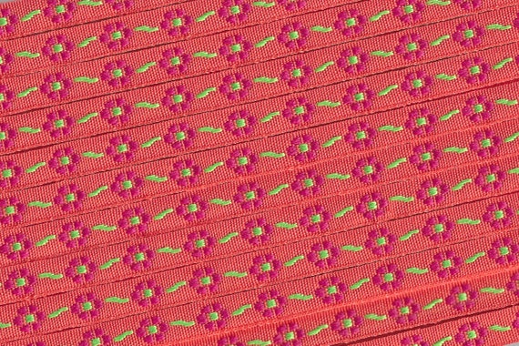 FLORAL A-02-i Jacquard Ribbon Poly Trim 5/16" wide Orange w/Petite Red Flowers & Apple Green Accents