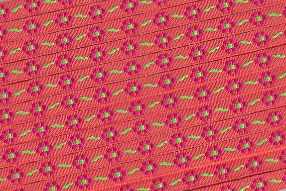FLORAL A-02-i Jacquard Ribbon Poly Trim 5/16" wide Orange w/Petite Red Flowers & Apple Green Accents