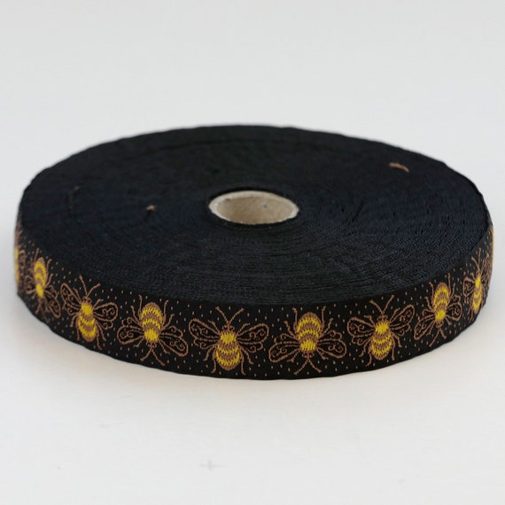 KAFKA D-09/04 Jacquard Ribbon Woven Organic Cotton Trim 3/4" wide (20mm) "Bumblebees" Black with Yellow & Brown Bees, Brown Dot Accents