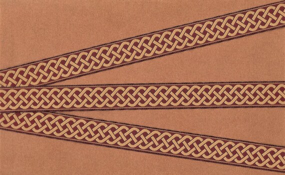 GEOMETRIC E-23-A Jacquard Ribbon Poly Trim 7/8" Wide (22mm) Dark Burgundy Background w/Beige Celtic Rope Trellis Pattern, Per Yard