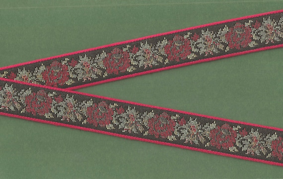 FLORAL TAPESTRY F-20-i Jacquard Ribbon Poly/Cotton Trim 1-1/8" wide (28mm) Black w/Red Flowers, Green Leaves, Gold Metallic Accents