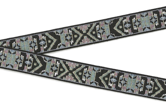 GEOMETRIC TAPESTRY F-17-A Jacquard Ribbon Cotton Trim 1-1/8" Wide (28mm) Black w/White, Mint Green, Sky Blue & Red Arrow Design