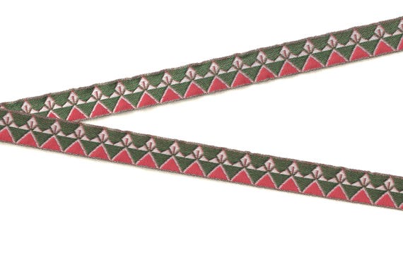 HOLIDAY C-11-A Jacquard Ribbon Poly Trim 5/8" Wide (16mm) Geometric (Trees?) in Olive Green w/Red and White Accents, Metallic Gold Borders