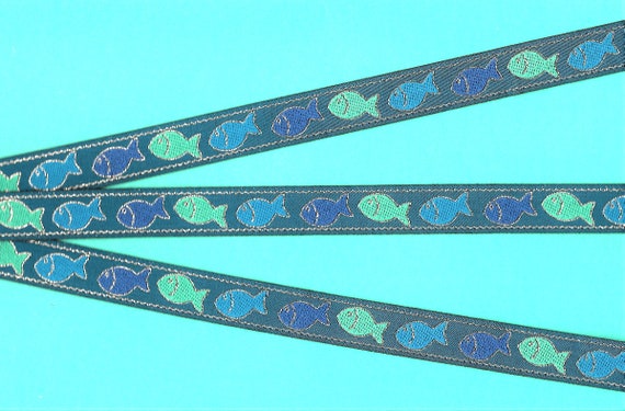 ANIMALS/Water C-02-G Jacquard Ribbon Poly Trim 5/8" wide (16mm) Teal Background w/Blue, Turq & Aqua Fish, Silver Metallic Accents