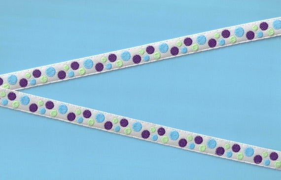 POLKA DOTS B-10-C Jacquard Ribbon Polyester Trim 1/2" wide (16mm) White Background w/Sky Blue, Dark Purple & Mint Green Polka Dots