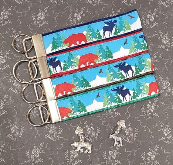 Jacquard Ribbon/Nylon Web 1" wide (25mm) Key Fobs, Red Bear/Blue Moose w/Charms, Keychain, Wristlet, Luggage Tags 5.5" long, Zipper Pulls