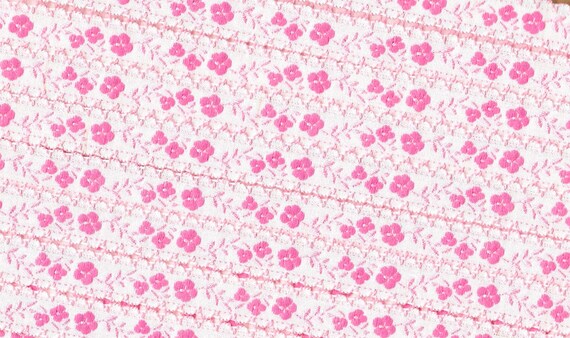 FLORAL C-15-A Jacquard Ribbon Cotton/Rayon Blend Trim 5/8" wide (16mm) White Background Pink Flowers, Vines & Leaves, Picot Edge
