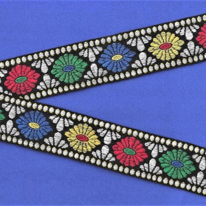 FLORAL H-12-C Jacquard Ribbon Cotton Trim 1-1/2&quot; wide (38mm) VINTAGE Black w/Blue, Green, Yellow & Red Retro MOD Daisies, Per Yard