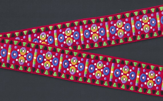 NATIVE AMERICAN K-03-J Jacquard Ribbon Cotton Trim 2-1/8" Wide (54mm) VINTAGE Red Green Lilac Royal Blue Black & Yellow Dots, 1yd+28" long