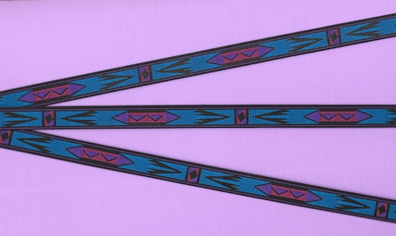 NATIVE AMERICAN B-09-D Jacquard Ribbon Poly Trim 1/2" wide (13mm) Turquoise w/Black Borders Pink/Purple/Black Southwest Pattern, Per Yard