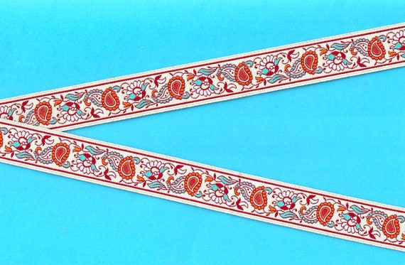 FLORAL E-08-A Jacquard Ribbon Poly Trim 7/8" wide (22mm) Off-White Background Floral/Paisley Design in Orange, Red, Teal & Blue