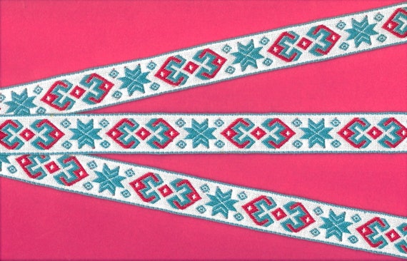 SNOWFLAKES D-19-D Jacquard Ribbon Cotton Trim 3/4" Wide (20mm) VINTAGE European Nordic White w/Turquoise Snowflakes, Red Accents, Per Yard