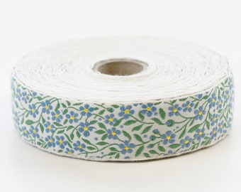 KAFKA F-01/02 Jacquard Ribbon Woven Organic Cotton Trim, 1" wide (25mm) Ivory w/Blue (Yellow Accents) Forget-Me-Nots, Green Leaves