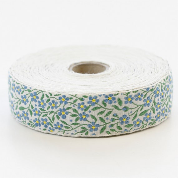 KAFKA F-01/02 Jacquard Ribbon Woven Organic Cotton Trim, 1" wide (25mm) Ivory w/Blue (Yellow Accents) Forget-Me-Nots, Green Leaves