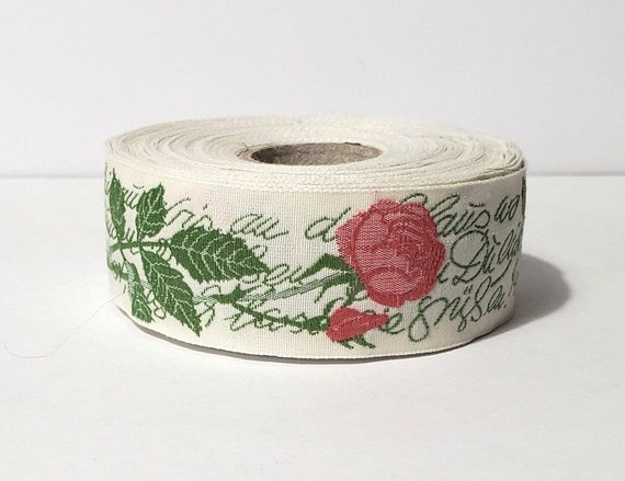 KAFKA F-08/03 Jacquard Ribbon Woven Organic Cotton Trim 1" wide (25mm) HEINE ROSE Ivory w/Poem, Long Stem Rosey-Pink Roses & Green Leaves