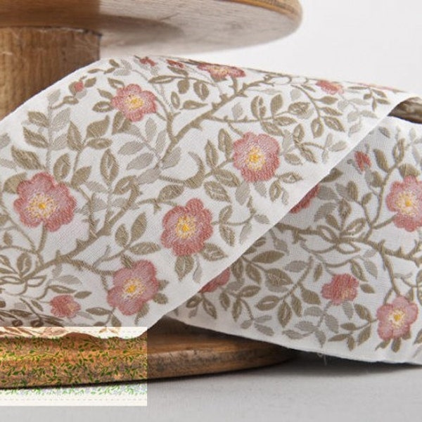 KAFKA L-01/04 Jacquard Ribbon Woven Organic Cotton Trim 2-3/8" wide (60mm) White w/Peach & Gold Yellow Wild Roses, Taupe Leaves