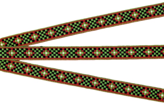 GEOMETRIC C-30-C Jacquard Ribbon Cotton Trim 5/8" wide (16mm) Black, Red & Green Checks