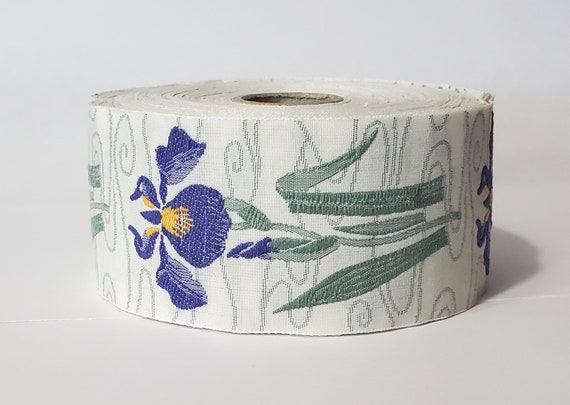 KAFKA H-10/15 Jacquard Ribbon Woven Organic Cotton Trim 1-1/2" wide (38mm) Ivory Background w/Violet Irises, Green Leaves/Stems