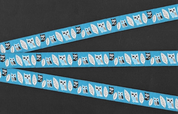 ANIMALS/Birds C-08-A Jacquard Ribbon Polyester Trim 5/8" Wide (16mm) Sky Blue Background with Black and Blue Owls, White Feathers