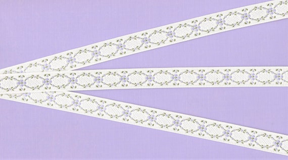 FLORAL C-46-B Jacquard Ribbon Polyester Trim 5/8" Wide (16mm) White Background w/Lilac Flowers, Green Garland Lattice Design