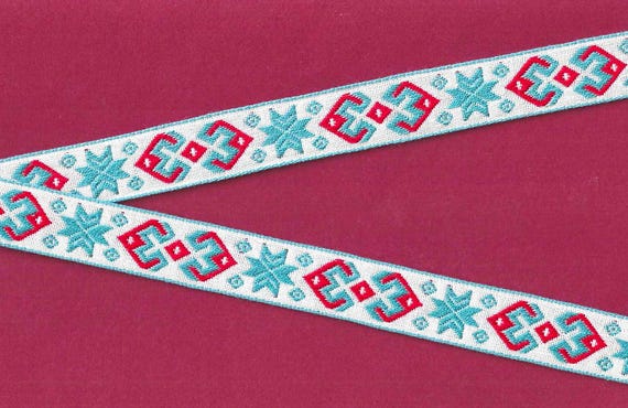 SNOWFLAKES D-19-D Jacquard Ribbon Cotton Trim 3/4" wide (20mm) VINTAGE European, White w/Turquoise Snowflakes/Nordic Stars, Red Accents
