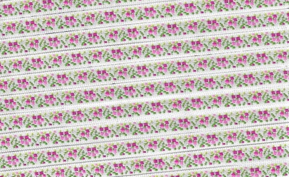 FLORAL A-05-N Jacquard Ribbon Rayon Trim 5/16" wide, From Switzerland, White w/Variegated Pink Flowers, Variegated Green Leaves