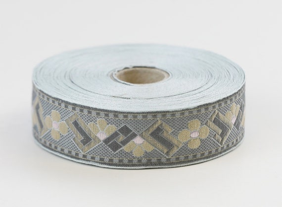 KAFKA F-11/01 Jacquard Ribbon Woven Organic Cotton Trim 1" wide (25mm) Gray, Beige & Taupe ART DECO Flowers w/Pink Accents