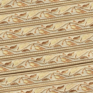 Nastro jacquard in poliestere FLORAL B-34-C, larghezza 9/16", VINTAGE, prodotto in Francia, in tonalità di beige e marrone, foglie e viti rampicanti