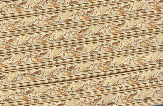 FLORAL B-34-C Jacquard Ribbon Poly Trim 9/16" wide, VINTAGE Made in France, In Shades of Beige & Brown, Leaves and Climbing Vines