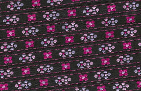 FLORAL B-45-A Jacquard Ribbon Poly rim 1/2" wide (13mm) Black Background with Hot Pink, Light Pink & Lilac Flowers