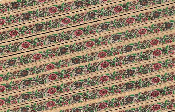 FLORAL A-16-A Jacquard Ribbon Poly Trim 7/16" wide Victorian Design Warm Beige w/Burgundy & Brown Petite Flowers, Green Leaves