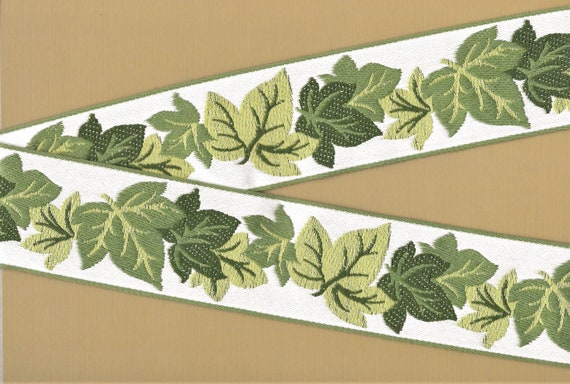 VINTAGE FLORAL L-17-A Jacquard Ribbon Cotton Trim, 2-3/8" Wide (60mm) Made in GERMANY, White w/Assorted Leaves in Green Tones, Per Yard