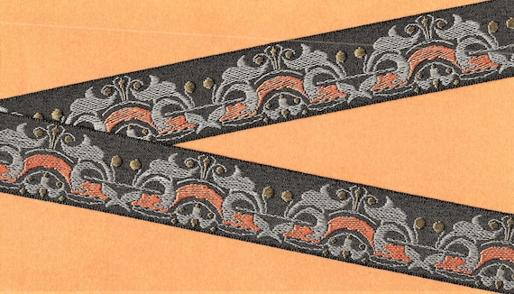 METALLIC H-02-A Jacquard Ribbon Polyester Trim 1-1/2" wide (38mm) Black Background w/Copper Brown & Silver Metallic "Arches" Olive Accents