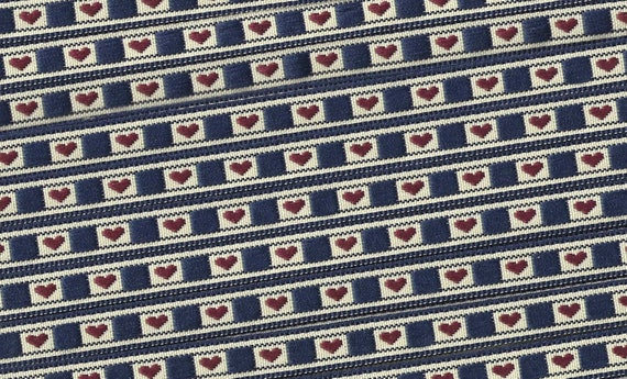 HEARTS A-02-A Jacquard Ribbon Polyester Trim 3/8" wide (9mm) Ivory & Navy Background w/Sweet Petite Burgundy Hearts