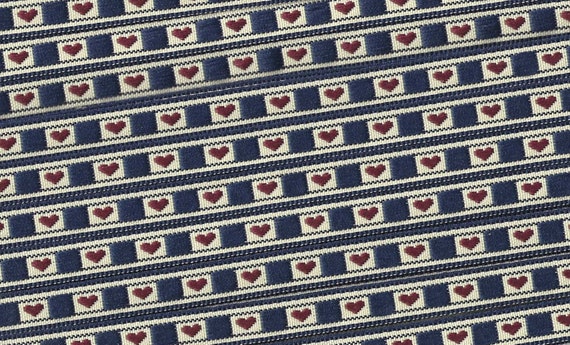 HEARTS/FLOWERS A-02-A Jacquard Ribbon Polyester Trim 3/8" wide (9mm) Ivory & Navy Background w/Sweet Petite Burgundy Hearts