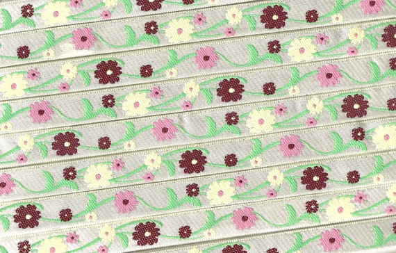 FLORAL A-41-A Jacquard Ribbon Poly Trim 3/8" Wide (9mm) Ivory Background w/Pink, Cream & Burgundy Flowers, Spring Green Vines