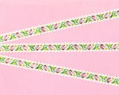 FLORAL B-24-E Jacquard Ribbon Trim, Rayon, 1 2 quot Wide, White Background w Picot Edging Pink Red Tulips, Yellow Dots, Priced Per Yard