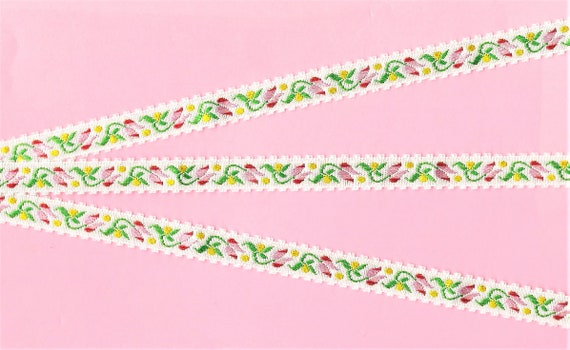 FLORAL B-24-E Jacquard Ribbon Rayon Trim 1/2" wide (13mm) White Background w/Picot Edging Pink & Red Tulips, Yellow Dots