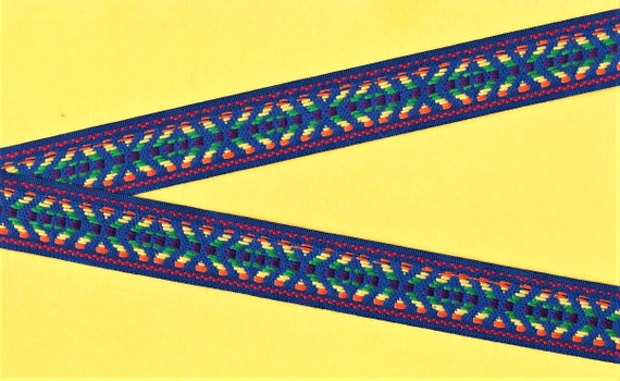NATIVE AMERICAN F-29-C Jacquard Ribbon Cotton/Poly Blend Trim, 1" Wide (25mm) REVERSIBLE Blue w/Orange, Yellow, Green & Purple