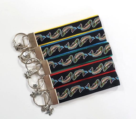 WILDLIFE  Jacquard Ribbon/Nylon Web 1" wide (25mm) Key Fobs, Black Rainbow Fish w/Charms, Keychain Wristlet, Luggage Tags 5.5" long