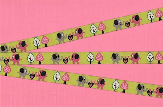 CHILDREN's C-15-i Jacquard Ribbon Poly Trim 5/8" Wide (16mm) Lime Green Background w/Pink & Gray Elephants, Trees