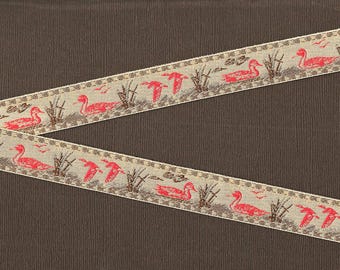 ANIMALS/Birds D-01-A Jacquard Ribbon Poly Trim 3/4" wide (20mm) Tan w/Red Ducks w/Brown Grasses