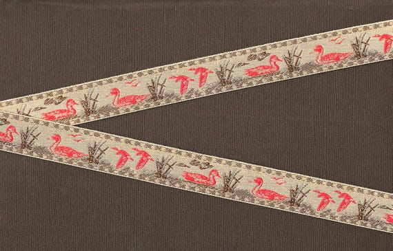 ANIMALS/Birds D-01-A Jacquard Ribbon Poly Trim 3/4" Wide (20mm) Tan Background Red Ducks w/Chocolate Brown Grasses and Border